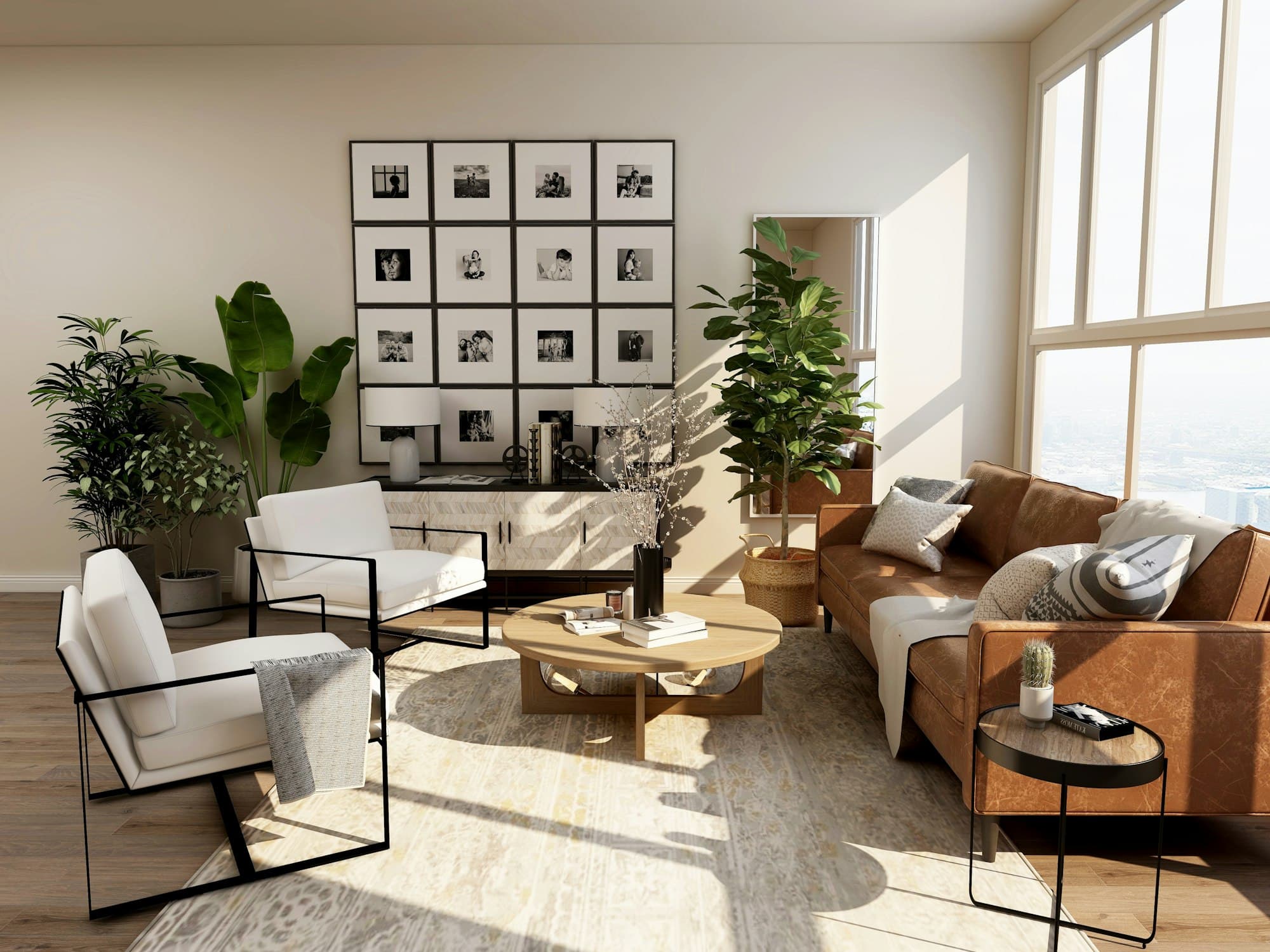 A sunlit living room in a high-rise home, the kind of space an AC repair protects